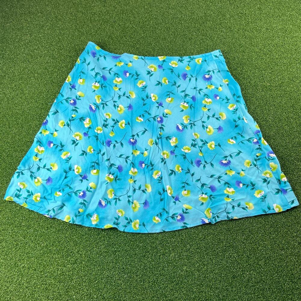 Kathy Lee Floral A-Line Mini Skirt Blue Yellow Rayon Womens Size 16 Y2K Vintage